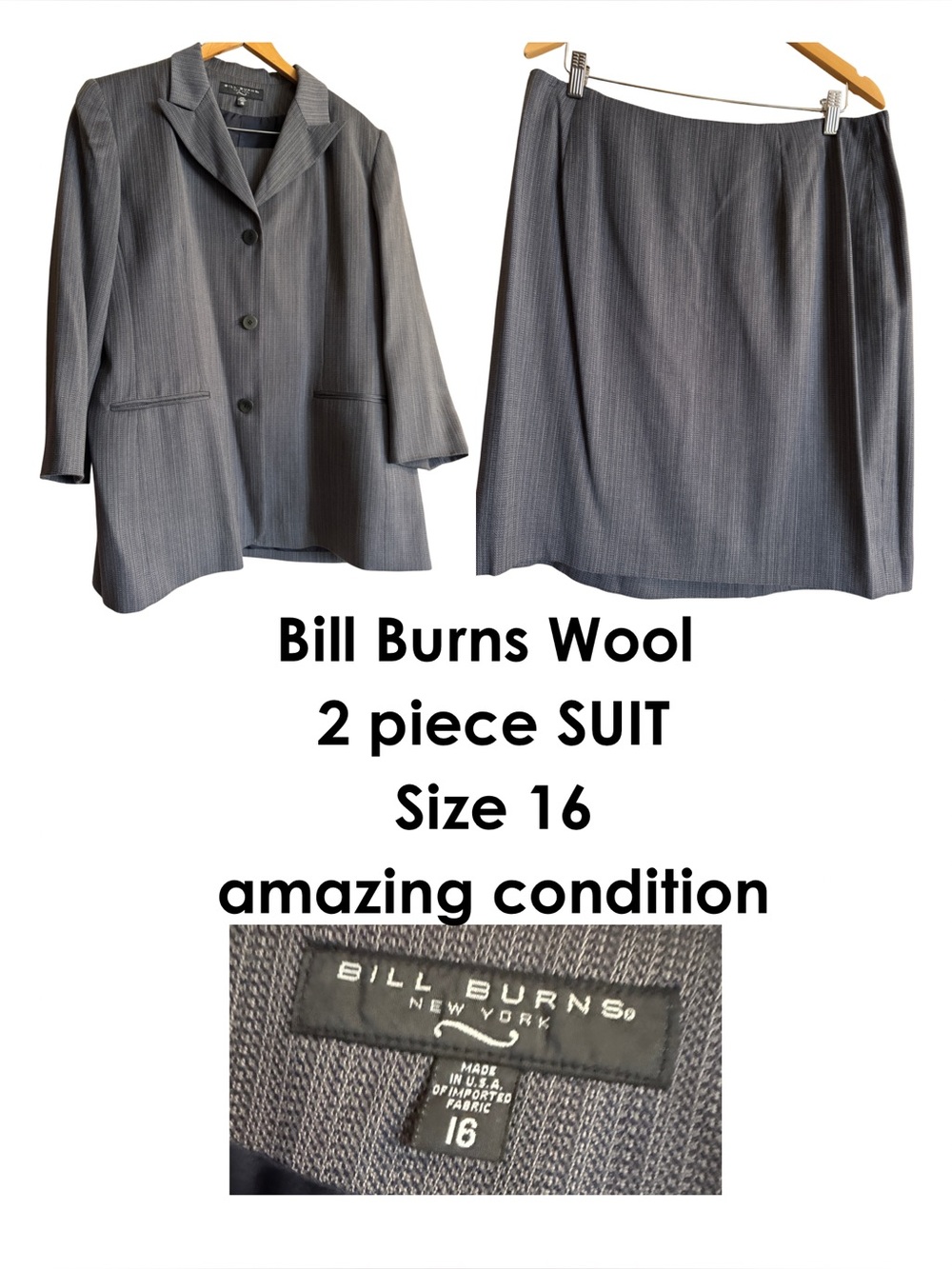 VINTAGE BILL BURNS NEW YORK GRAY DOBBY WEAVE WOOL SKIRT SUIT SIZE 16 Made In USA